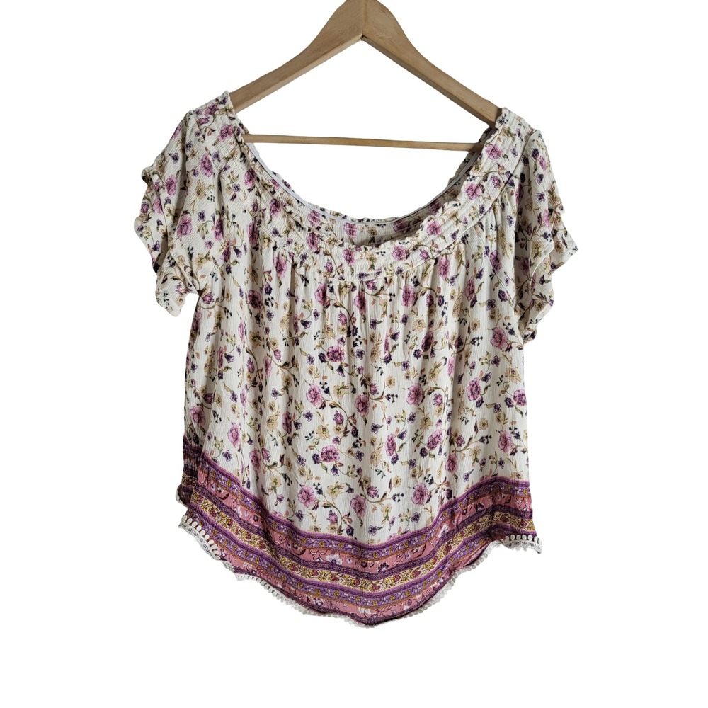 Rewind Floral Off Shoulder Peasant Top XL Purple Pink Boho Pom Pom Cottagecore